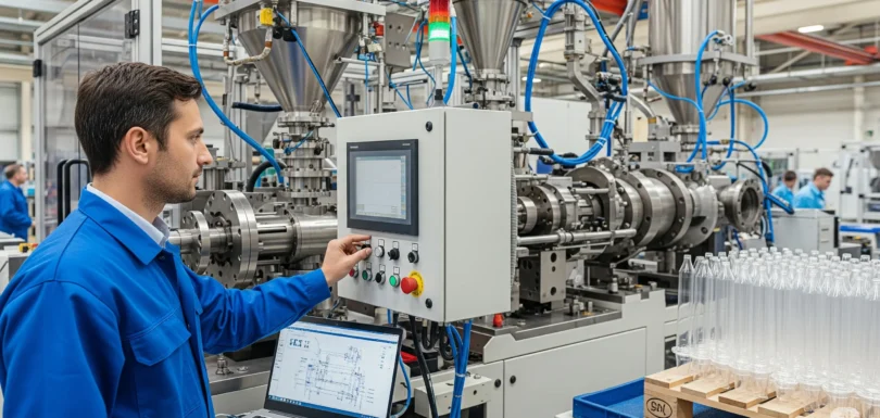 man calibrating PET preform machinery