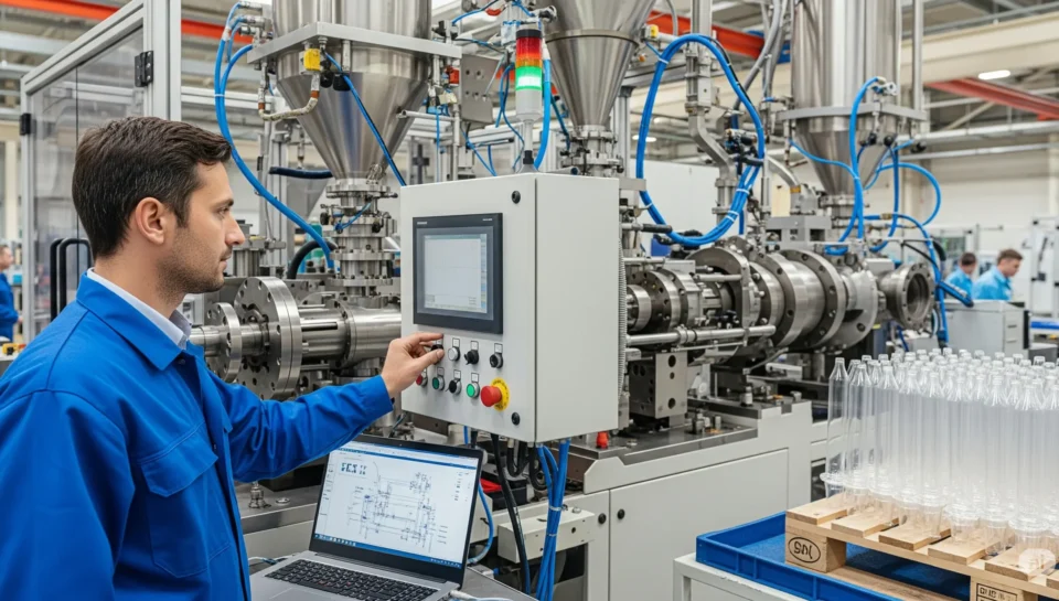 man calibrating PET preform machinery